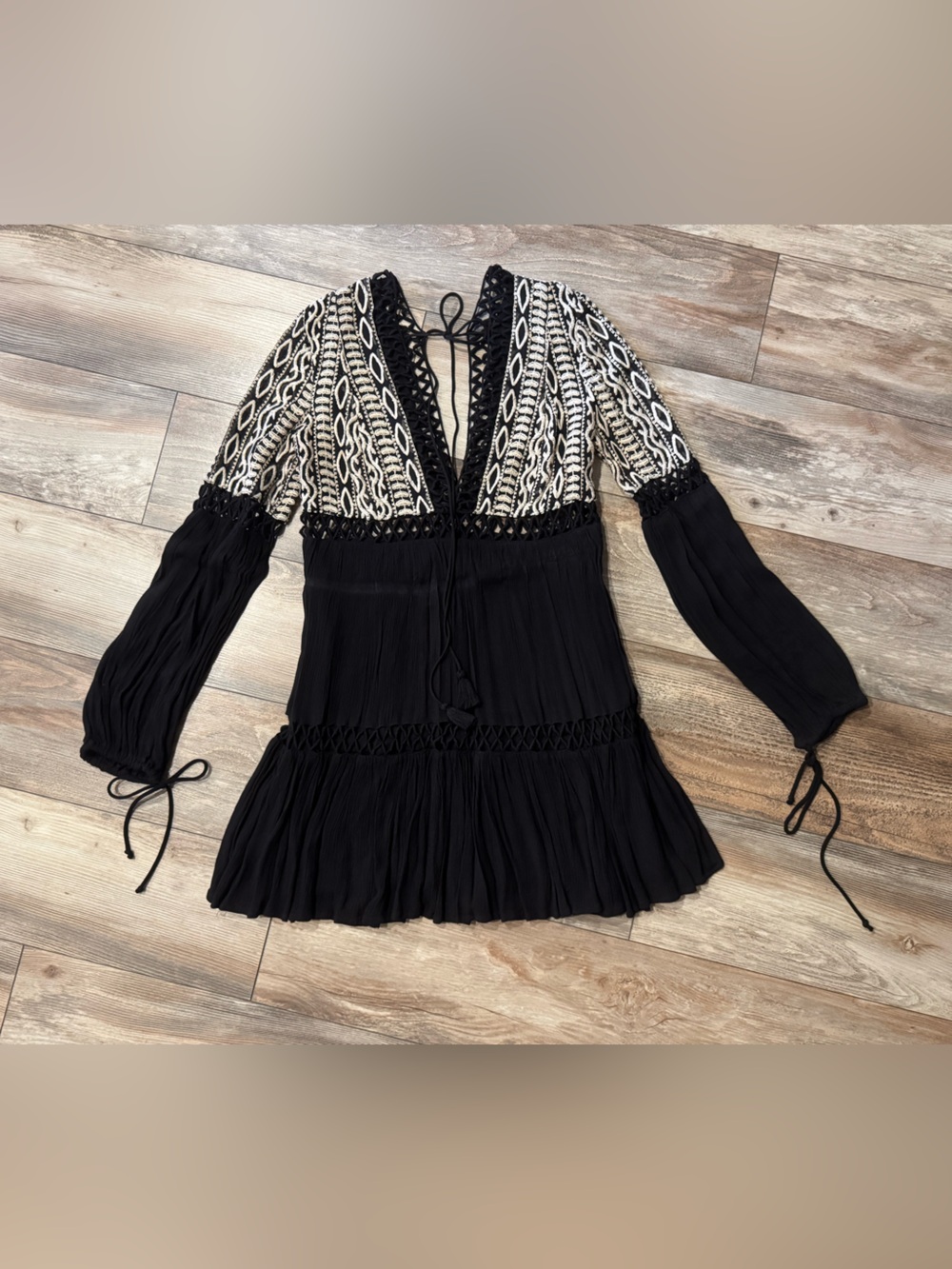 Free People Black Tunic with Cream Embroidered Yoke
